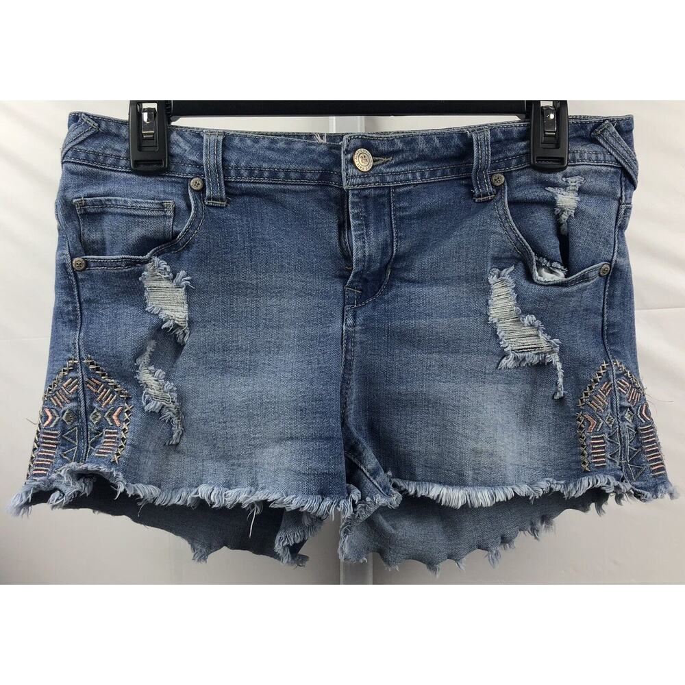 Altar'd State Jean Shorts Sz 28 Blue Cotton Stretch Distress Embroidered Fringe